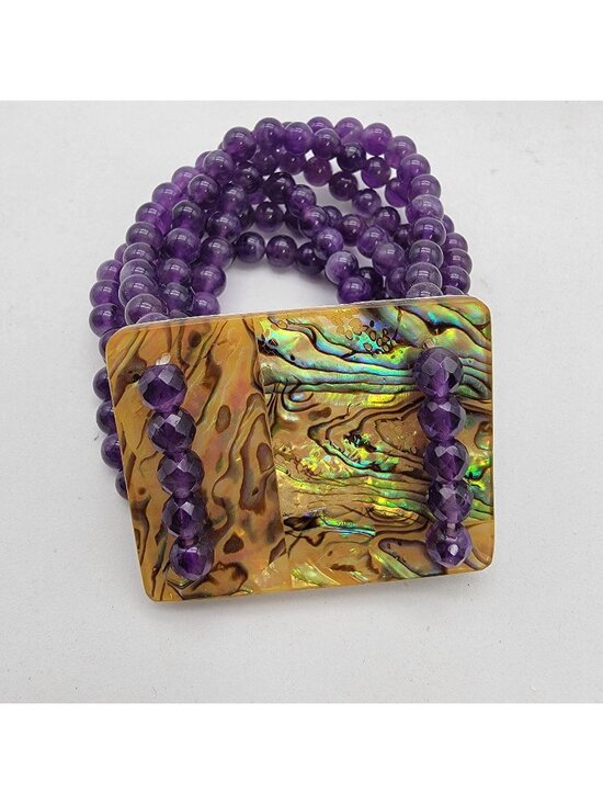 Jewelry - Multi-Strand Amethyst Gemstone Beaded Bracelet With Abalone Shell Panel